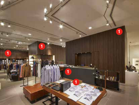服饰门店内部建筑贴膜翻新，多个位置标注1