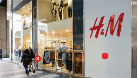 服饰门店日间玻璃与品牌画面，编号1、3