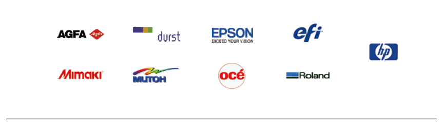 AGFA、durst、EPSON、efi、hp、Mimaki、MUTOH、océ、Roland打印商品牌标志。