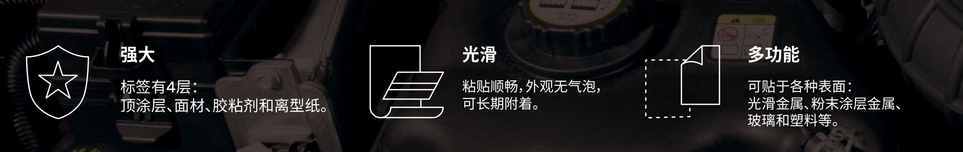 3M标签在汽车行业的应用剖析 2 标签4层结构、可贴多种表面与外观顺畅的信息图