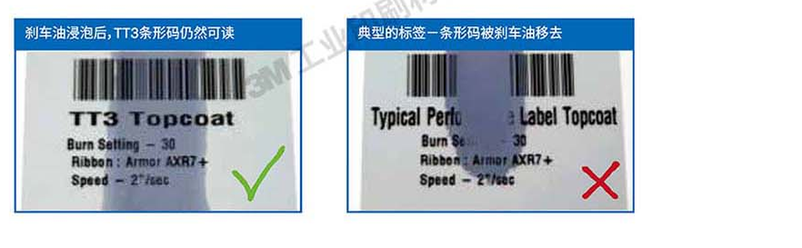3M标签在汽车行业的应用剖析 15 TT3顶涂层与典型标签顶涂层经刹车油后的条码识读对比